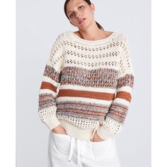 Zara XS-S Italian Yarn Cream & Brown Striped Crocheted Tunic Length Sweater - Picture 13 of 13